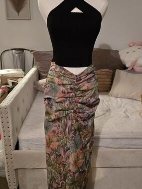 PrettyLittleThing Ruched Floral Maxi Skirt in Pink, Green & Blue